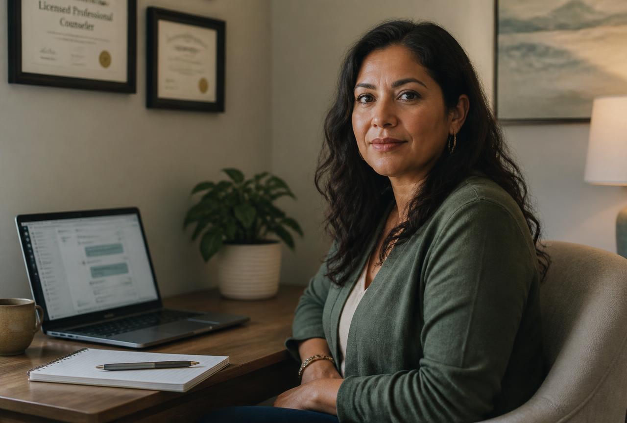 Consejera profesional en su oficina con una laptop abierta