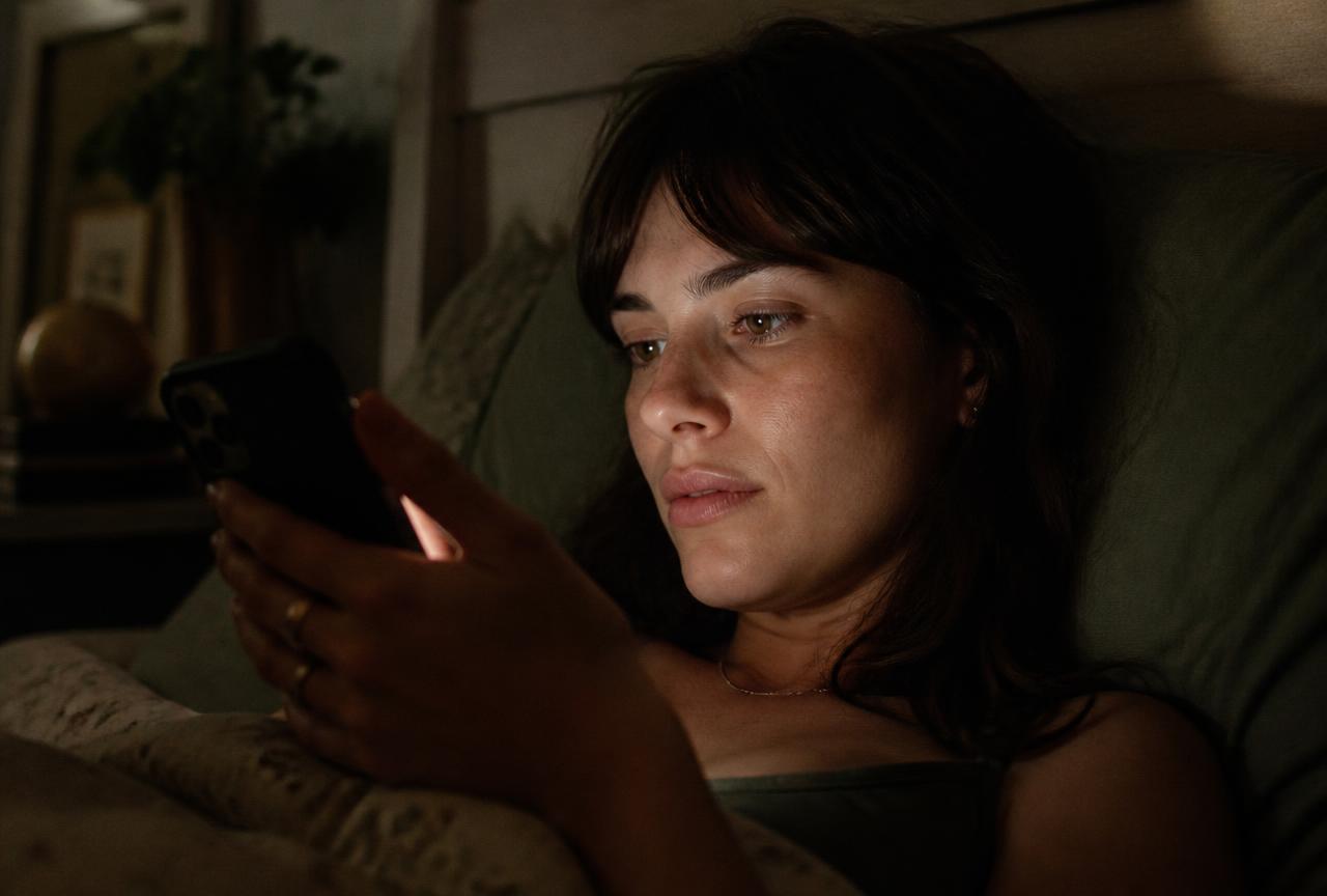 Persona conversando con un chatbot en su teléfono de noche